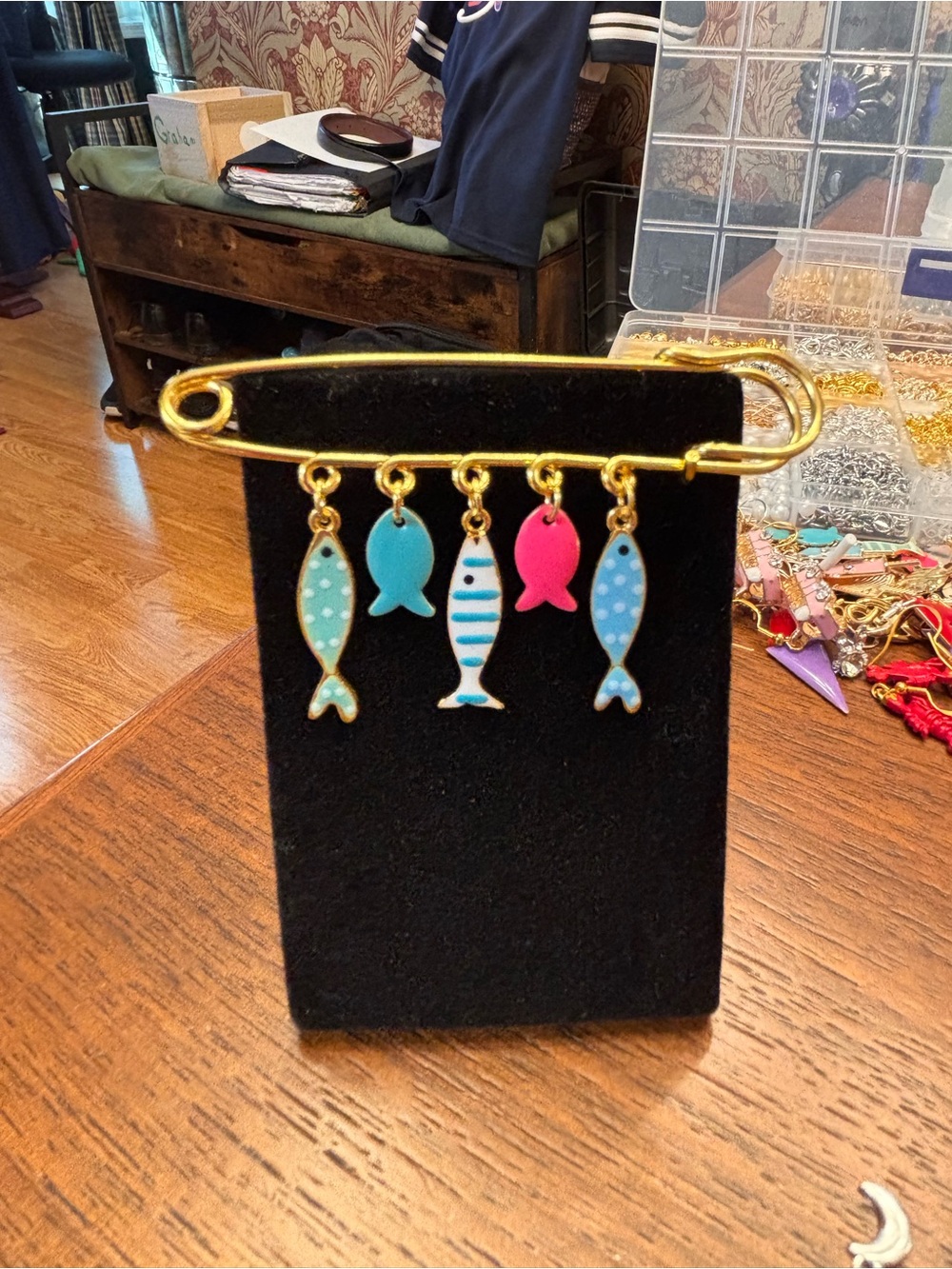 New Gold-Tone Fish Charm Brooch with Aqua, Turquoise & Pink Enamel